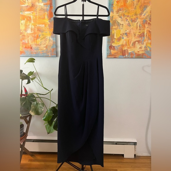 Xscape Women's Midi Scuba Crepe Off The Shoulder Dress in Navy - Picture 3 of 7